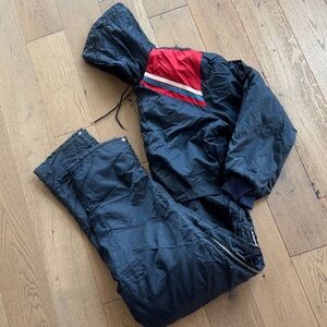 Navy Hooded Vintage Snowsuit with Red Accents